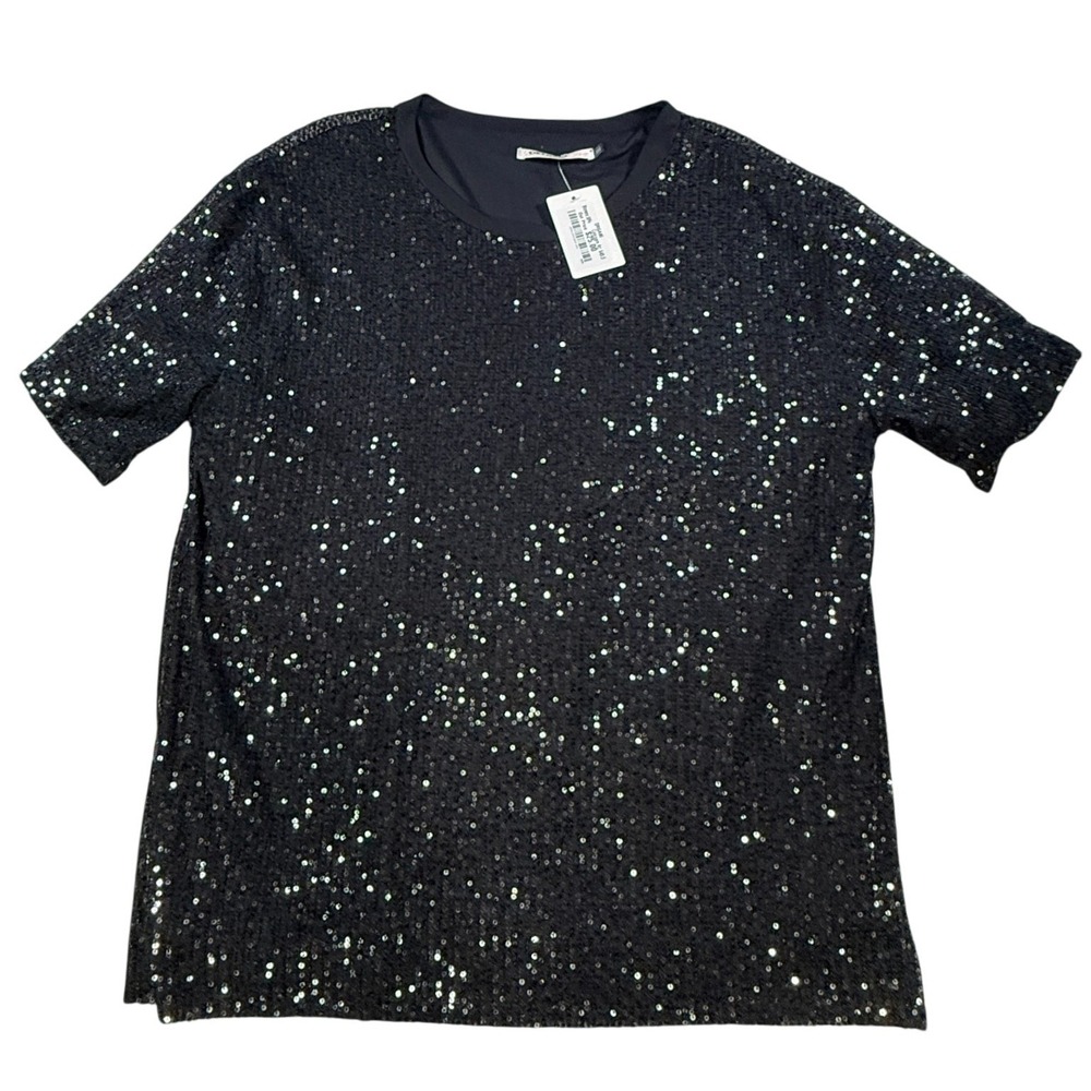 Origami By Vivien Womens 1X Black Sequin Top Short Sleeve‎ Party Holiday NWT